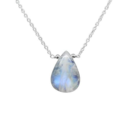 Gempires Rainbow Moonstone Pear Pendant Necklace, Teardrop Pendant, June Birthstone Jewelry, 16 + 2 Inch Silver Plated Adjustable Chain