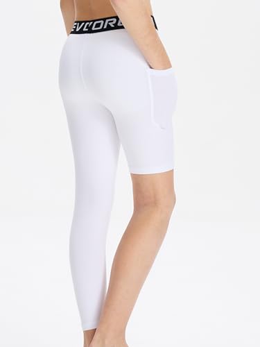 DEVOROPA Youth Boys One Leg Compression Pants for Basketball 3/4 Leggings Sports Tights Athletic Soccer Baselayer Pockets3