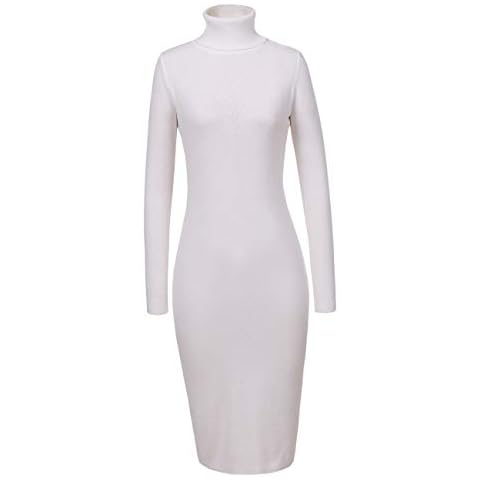 GLOSTORY Women Fall Winter Long Sleeve Midi Knee Length Turtleneck Bodycon Sweater Dress 7628 (White, XS) Cover