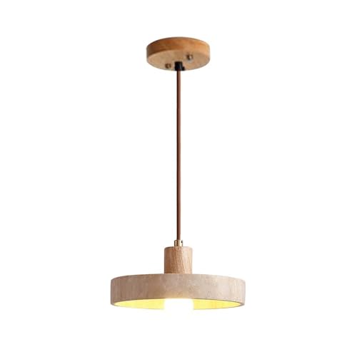 Lámpara de travertino amarillo natural y madera con sofisticado diseño redondo para comedor