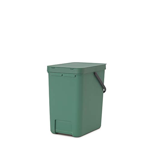 Brabantia Sort & Go Waste Bin 25L (Fir Green), Space-Efficient Plastic Recycle Container with Handle, Removable and Stay-Open Lid, Easy to Clean Kitchen Bin without Nooks and Rims