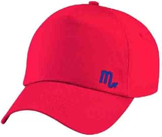 قبعة حمراء مع شعار برج العقرب باللون الازرق