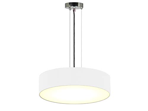 Lámpara colgante redonda atemporal con pantalla de tela en color blanco, diámetro de 50 cm, cubierta satinada para iluminación antideslumbrante.