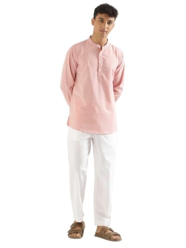 Image of SAADAA Men's Short Kurta - Linen Cotton Blend, Airy Fabric, Regular Fit, Mandarin Collar, Solid Color - Casual, Festive & Ethnic Wear