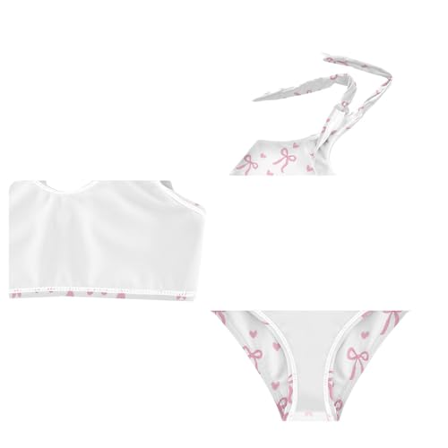 Wusikd Pink Bows Girls Swimsuits Two Piece Hearts Ribbons Swimwear Bikini Set for for Girls Size 11-12T4