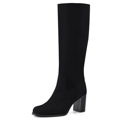 Knee High Boots for Women Chunky Heel Round Toe Stretchy Fashion Fall and Winter Comfortable Boots with Side Zip