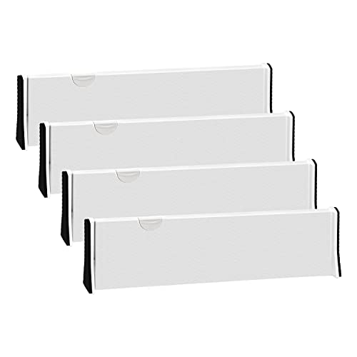 Image of JONYJ Drawer Dividers Organizer 4 Pack, Adjustable Separators 4" High Expandable from 14.9-21" for Bedroom, Bathroom, Closet,Clothing, Office, Kitchen Storage, Strong Secure Hold, Foam Ends（White）