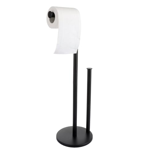 ASelected Toilet Roll Holder Free Standing, 2 in 1 Black Toilet Roll Holder, Floor Standing Toilet Roll Stand for 5 Rolls, Bathroom Stainless Steel Toilet Tissue Roll Dispenser