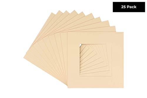 CountryArtHouse Beige Acid Free 12x12 Square Picture Frame Mat with White Core Bevel Cut for 8x8 Pictures - Fits 12x12 Frame - Pack of 25 Matboard Show Kits with Acid Free Backings & Clear Bags