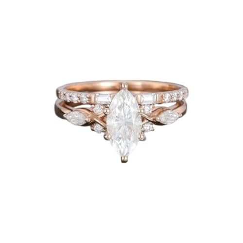 Generic Marquise cut Moissanite engagement ring set Unique Rose gold Baguette cut gemstone wedding band Bridal ring set Anniversary ring for her, Colourless