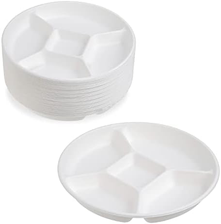 STACKABLES ~ 50 Pack Compartment Party Platter Trays ~ Sugarcane Bagasse Disposable Sectional Serving Platters ~ Divided Food Tray with 5 Compartments