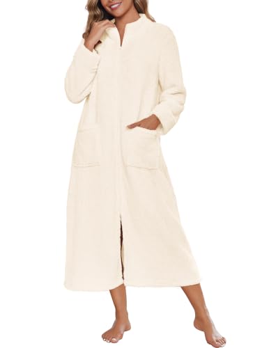 Image of Ekouaer Women Zip Up Robe Fleece Long Sleeves Soft Housecoat with Pockets