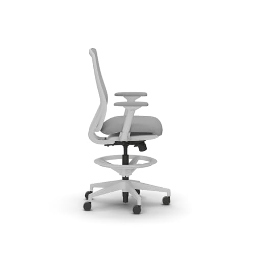 Image of HON Nucleus Task Stool, Ergonomic Office Chair, Home Office Desk Chairs, Synchro-Tilt with Seat Slider, Adjustable Footring, Height-Width Adjustable Arms, Fog Mesh, White Frame, Aspen