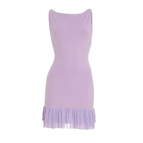 Image of YOXUA Women's Summer Sleeveless Boat Neck Trendy Ruched Mesh Ruffle Hem Stretch Bodycon Cocktail Party Flare Mini Dress