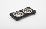 1 Pint 2.25 in. Low High Double Poly Wood Dog Bowl with 2 Stainless Steel Bowls Black Top & Cherrywood Base