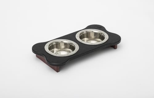 1 Pint 2.25 in. Low High Double Poly Wood Dog Bowl with 2 Stainless Steel Bowls Black Top & Cherrywood Base