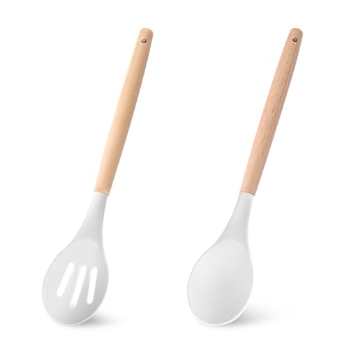 Cucharas de cocina de silicona resistentes al calor con mango ergonómico de madera 2