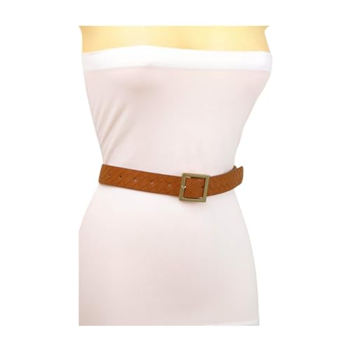 Women Brown Classic Fashion Belt - Hip Waist Basket Weave Band Gold Square Buckle S M z0053