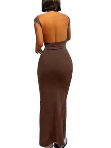 Image of AYWA Womens Sexy Backless Maxi Dress Casual Bodycon Boat Neck Short Sleeve Party Club Long Dresses