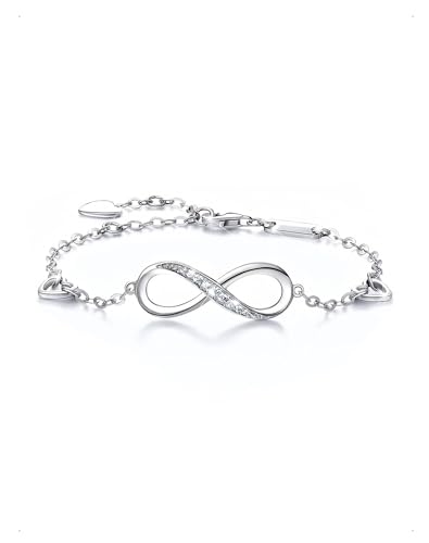 KONFEN Bracelet Femme Infini Cœur Plaqué Or Blanc, Acier Inoxydable Bracelets Réglable Heart Infinity Brillant Zirconium, Style Élégant Fantaisie Bijoux pour Fille Femmes Anniversaire Fête, Argent