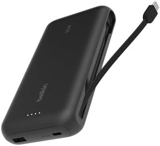 Accessoires téléphone portable 1 Belkin Batterie Externe (câble intégré, 20K, PD 30 W, Recharge Rapide USB-C Power Delivery, Chargeur Portable pour Tous modèles d’iPhone 16, iPad Pro, Galaxy S25, etc., Noir)
