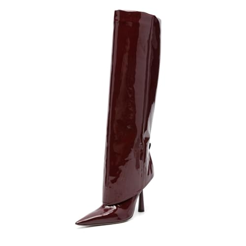 Image of Goolita Fold Over Boots For Women, Pointed Toe Stiletto Heel Knee High Boots Fashion Comfortable Slip On Tall Boots