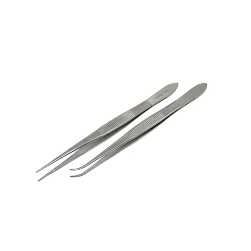 2 Pcs Tweezers Straight + Angled Serrated Tip Multipurpose Sewing Machine Repair Forceps Helps in Embroidery Picking Sorting Plucking thread Made of Stainless Steel and Ridged Handle (5.5 Inch)