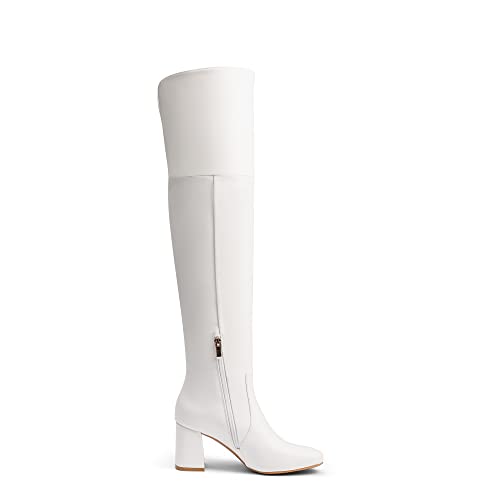 DREAM PAIRS Women's Dob213 Thigh High Over the Knee Fashion Chunky Heel Long Boots, White Pu, Size 5.5