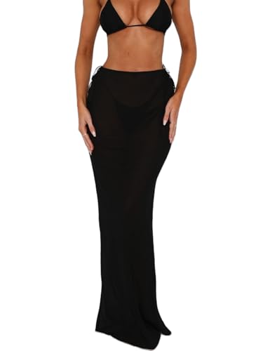 Women Floral Sheer Mesh Midi Skirt See Through High Waist Bodycon Long Skirt Boho Cover Up Summer Beach Skirts