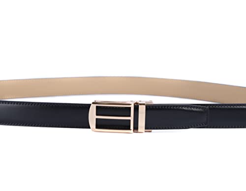 Mens Leather Ratchet Belts with Open Buckle Perfect Fit Dress Belt (One Size:32"-45" Waist, Black Leather & Gold style Metal Buckle)3