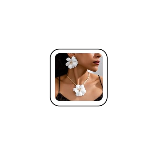 Vintage Flower Necklace Earring Set Gold Snake Chain Necklace Bohemian Red Flowers Choker Necklaces Hypoallergenic Statement Flower Stud Earrings Elegant Bridal Wedding Summer Beach Jewelry (White)