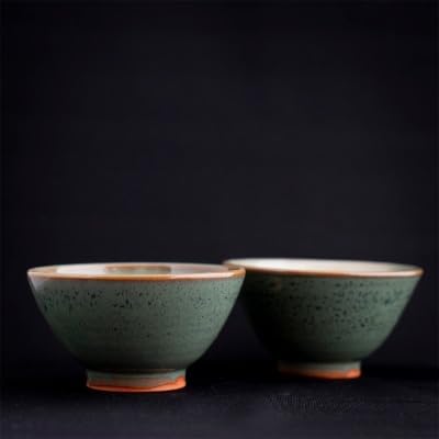(青山窯)深い緑の錆浅葱色が美しい綾焼き(飯碗2個セット)