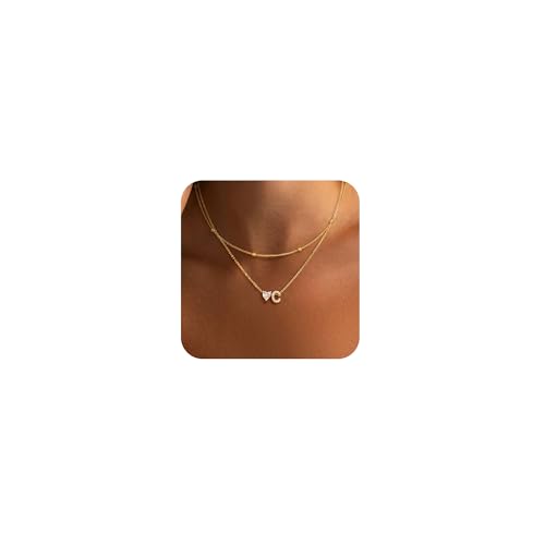 Initial Heart Necklaces for Women - Dainty Cute Necklace Small Layered 14K Gold Plated A-Z Letter CZ Pendant Trendy Satellite Chain Necklaces for Women Non Tarnish Gold Jewelry Set Gift