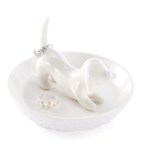 HOME SMILE Dog Ring Holder Ceramic White Jewelry Tray Holder Dog Mom Gifts for Women Christmas Valentines Mothers Day