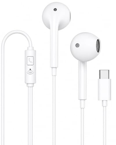 USB C Wired Earphones with Microphone In Ear Stereo Headphones Volume Control Noise Isolating Wired Earbuds for Music Calls Video USB Type C Smartphones Tablets Laptops White