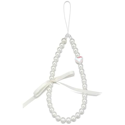 S.J JEWELRY Phone Charm Pearl Beaded Phone Wrist Strap for Women Handmade Ribbion Bow Phone Lanyard Phone Wristlet Cell Phone Accessories PC-PearlWhite Cover