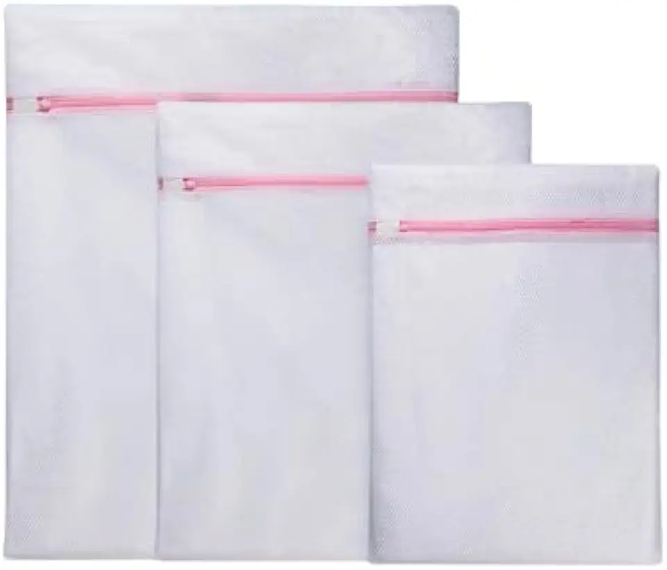 Kit com 3 Sacos Telados P+M+G Rosa com Zíper para Máquina de Lavar - Cesto para Peças Delicadas - Saco Telado para Roupas Delicadas
