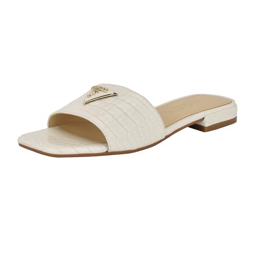 Guess Women's TAMSEA Flat Sandal, White Croco 140, 8.5