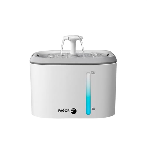 FAGOR FontanaPet   Fuente de Agua para Gatos y Perros 2,5L, Bebedero Automático Ultra Silencioso con Sistema de Multifiltración, Caudal Constante e Indicador LED de Nivel, Sin BPA, Blanco.