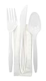 Crystalware White Medium Weight Plastic Cutlery Kit with a Fork, Knife, Tea Spoons and Paper Napkin, 250 - Kits (4 Piece Kit)
