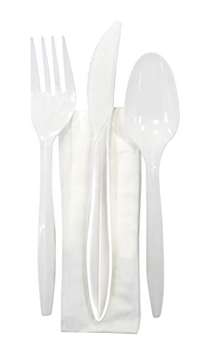 White Medium Weight Plastic Cutlery Kit with a Fork, Knife, Tea Spoons and Paper Napkin, 250 - Kits (4 Piece Kit)
