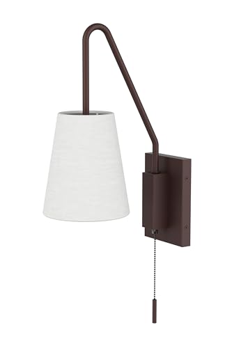 Image of Wall Sconce with Pull Chain Switch, Bedside Wall Hardwired Reading Lamps with Adjustable Sloped Arm and Fabric Linen Shade (Painted Bronze)