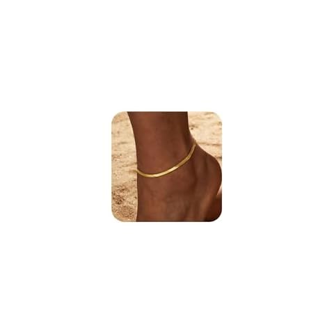 RLMOON Ankle Bracelets for Women Gold Anklets Waterproof Layered Dainty 14K Gold Plated Cuban Link Chain Anklets Boho Summer Beach Foot Jewelry Gift (Herringbone chain) Cover
