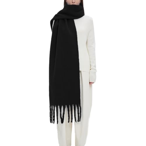 OUNIYA Écharpe surdimensionnée en laine épaisse chaude pour l'hiver, noir 1, Large