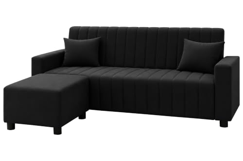 Image of Rosebell Three Seater Sofa Set with Ottoman | Living Room Couch | with Printed Cushions | Sofa for Home, Apartment & Office-Black Color