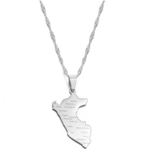 RFXSJY Mapa Collar Colgante Perú Mapa Ciudad Nombre Colgante Collares Para Mujeres Hombres Mapa De Perú Joyería Peruana, Color Plata, Cadena Delgada De 45 Cm
