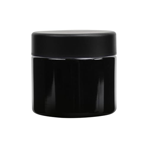 Human Objects 2oz Black Glass Jars with Child Resistant Black Caps - 3.5 Grams - 200 Count - Refillable Airtight Containers for Herbs, Spices, Food, Oil, Wax, Cosmetics, Skincare, Samples, & More