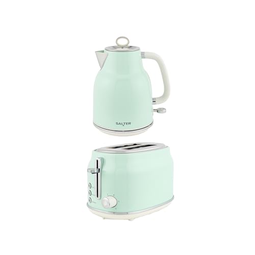 Salter Retro Kettle & 2-Slice Toaster Set - Wide Slots 3KW Rapid Boil 6 Browning Levels 360 Base Removable Limescale Filter Defrost Reheat & Cancel High-Lift Eject Removable Crumb Tray Green