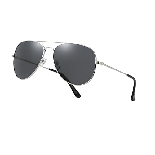 Komonee Pilot Style Designer Sunglasses - Silver Frame Black Lens Classic Retro Shades, Unisex Men & Women UV400 Protection Glasses, Great for Cycling Golf Fishing Sports & Holidays