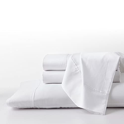 GhostBed Twin XL Cooling Luxury Sheet Set – Supima Cotton & Tencel, Deep Pocket Fitted Sheet, Wrinkle Resistant, 3-Piece White Bed Sheets, Twin XL Bedding Set